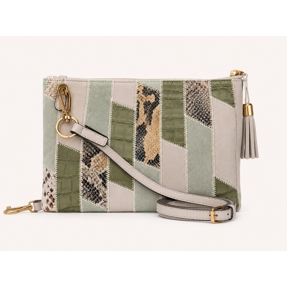 G.I.L.I. Womens Crossbody OS Green Leather Patchwork Snake Croc Tassel Bag